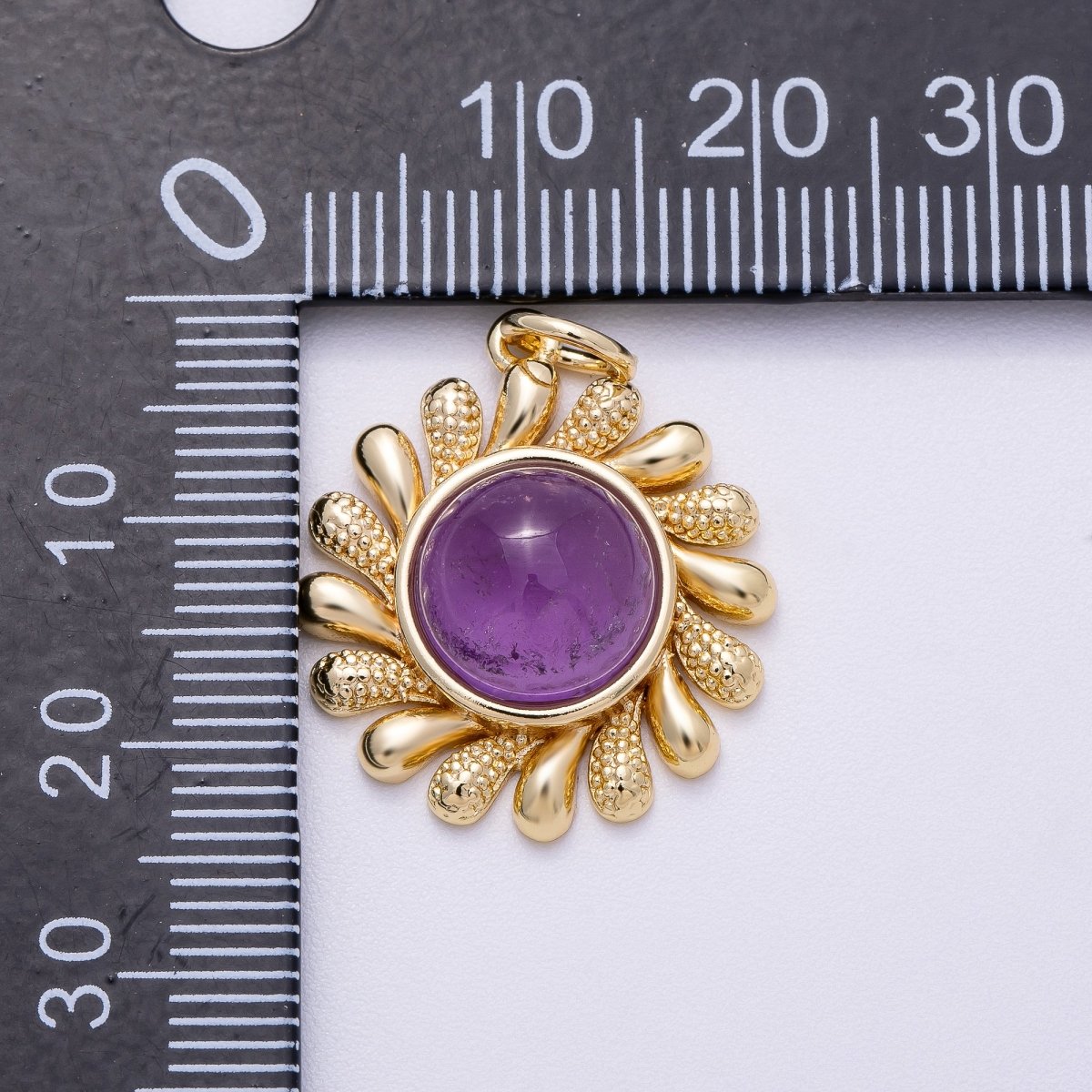 16K Gold Filled 23mm Amethyst, Carnelian Cabochon Gemstone Celestial Sun Ray Charm | Charms-00610 Charms-00611