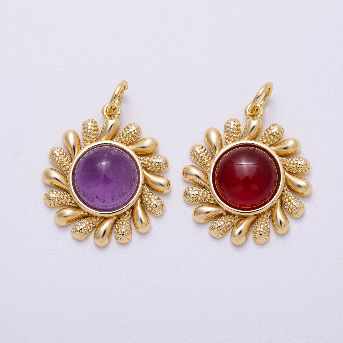 16K Gold Filled 23mm Amethyst, Carnelian Cabochon Gemstone Celestial Sun Ray Charm | Charms-00610 Charms-00611