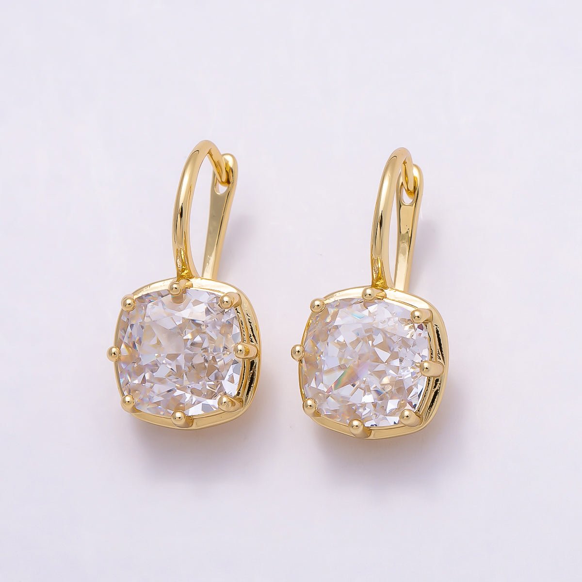 16K Gold Filled 23mm Clear CZ Prong Rounded Square Drop Hoop | Earrings-00411