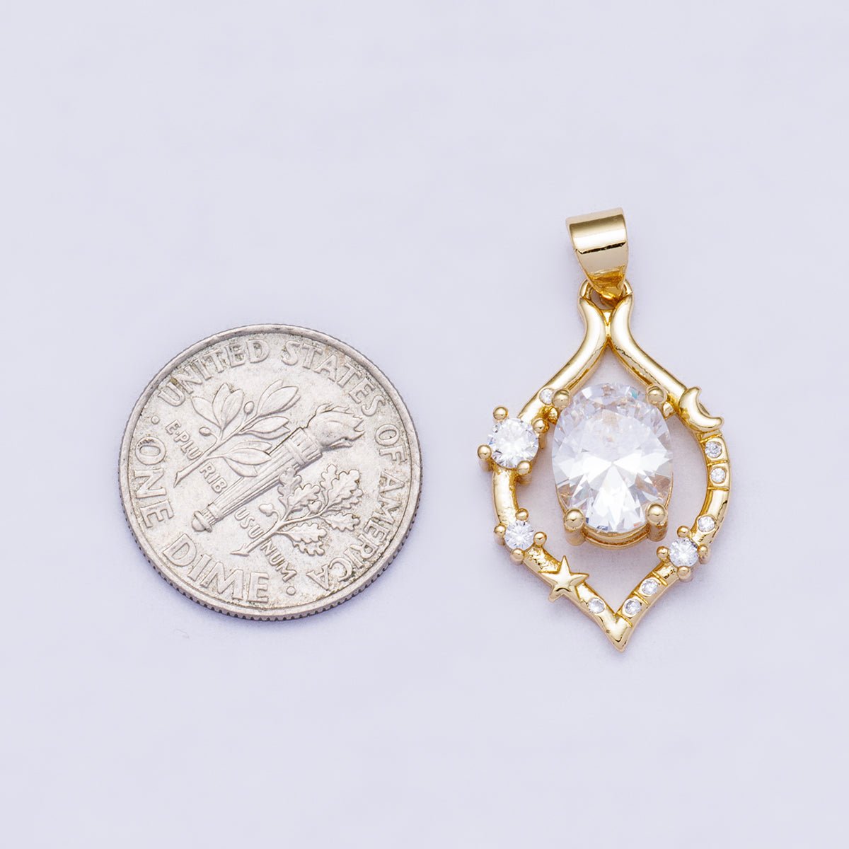 16K Gold Filled 23mm Clear CZ Gradient CZ Celestial Star Moon Open Bezel Pendant | Charms-00481