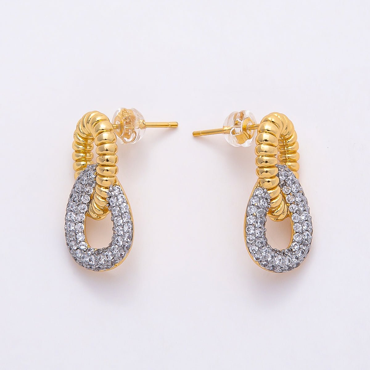 16K Gold Filled 23mm Micro Paved CZ Ribbed Geometric Interlock Drop Stud Earrings | Earrings-00363