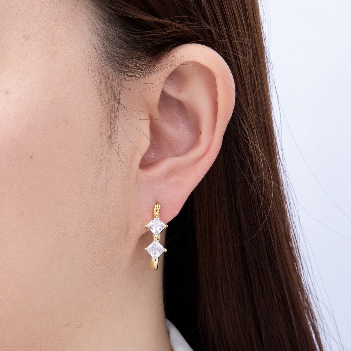 16K Gold Filled 24mm Clear Rhombus CZ Double Latch Hoop | Earrings-00709
