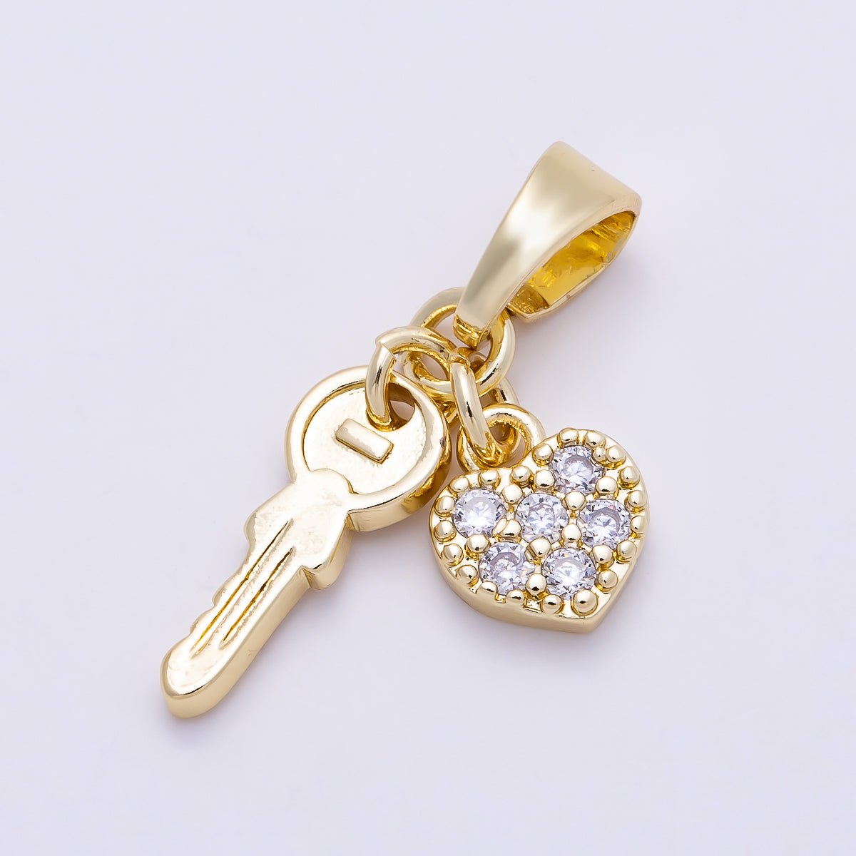 16K Gold Filled 24mm Micro Paved CZ Heart Key Pendant | Charms-01386