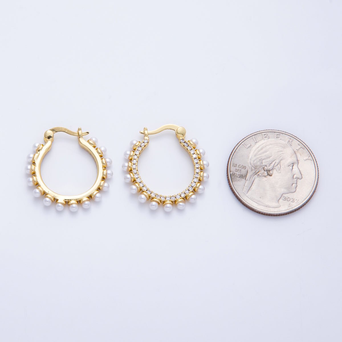 16K Gold Filled 24mm Shell Pearl Micro Paved CZ Latch Hoop | EARRINGS-00221