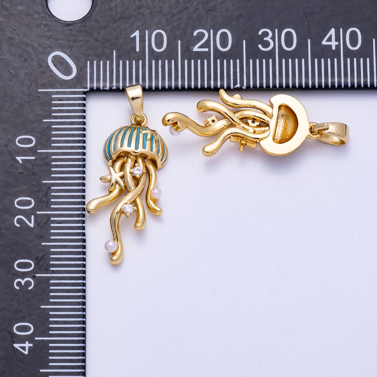 16K Gold Filled 25mm Shell Pearl Clear CZ Jellyfish Animal Charm | Charms-00596