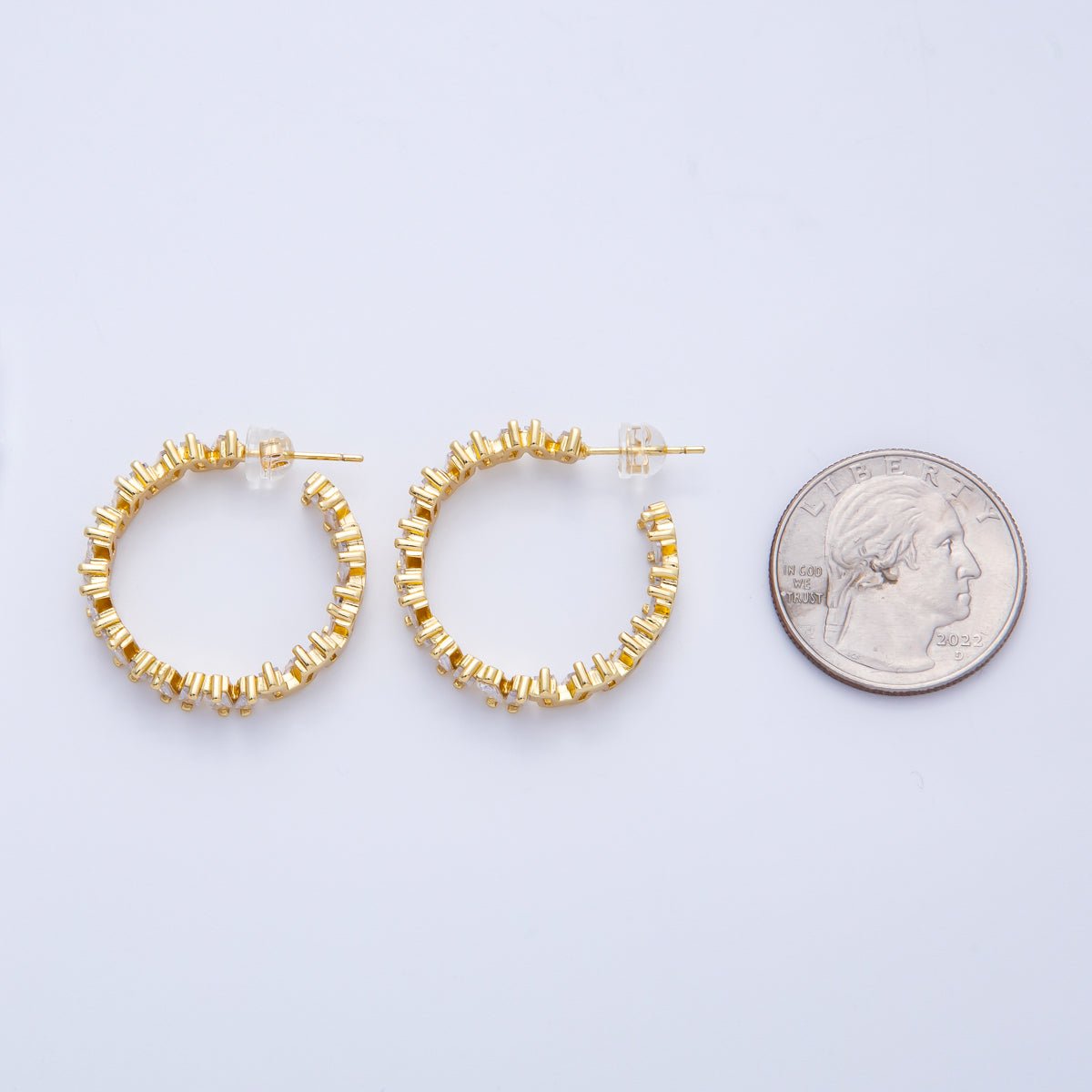 16K Gold Filled 27mm Clear Baguette CZ C-Shaped Hoop | Earrings-00231