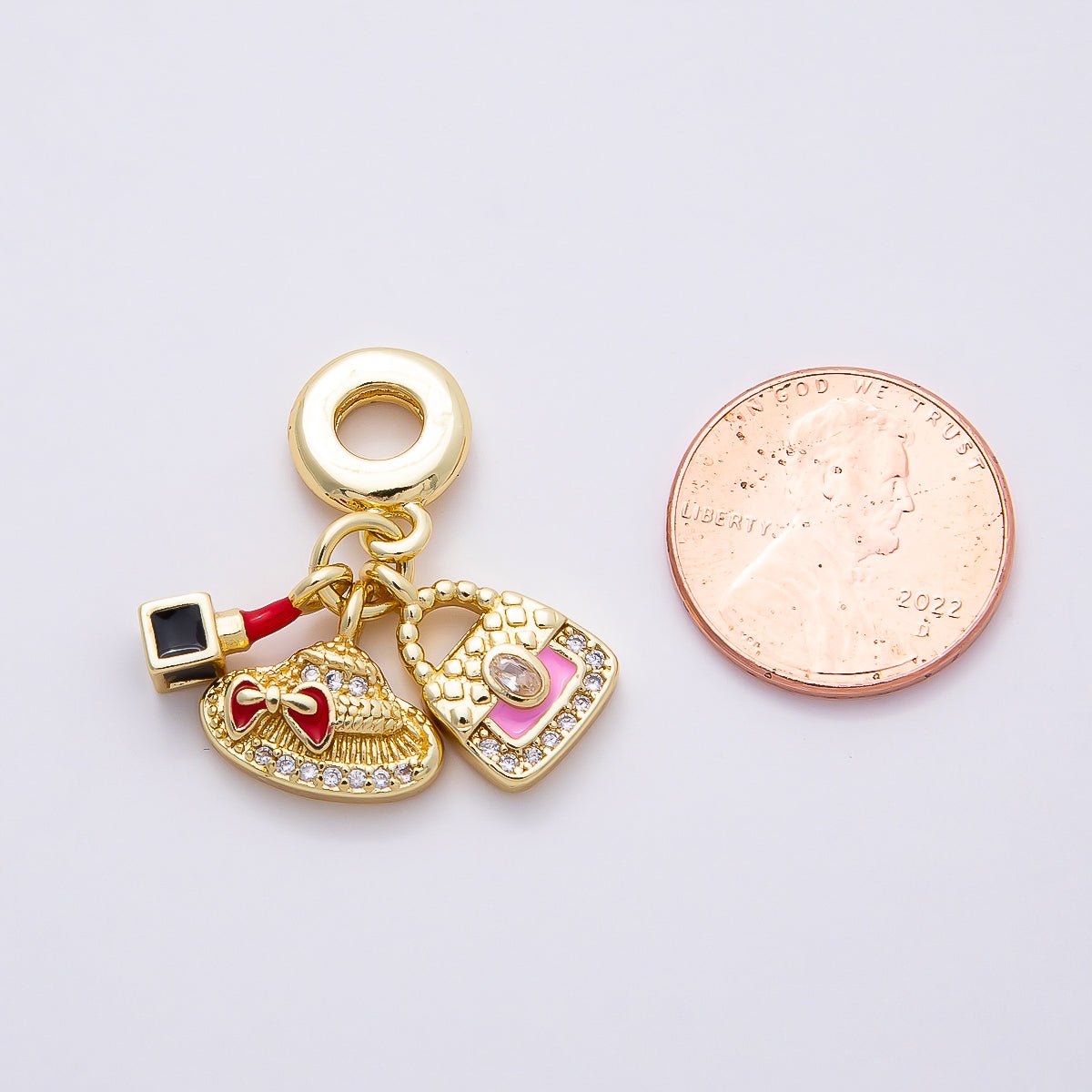 16K Gold Filled 29mm Bag Hat Makeup Micro Paved CZ Drop Rondelle Pendant | Charms-00855