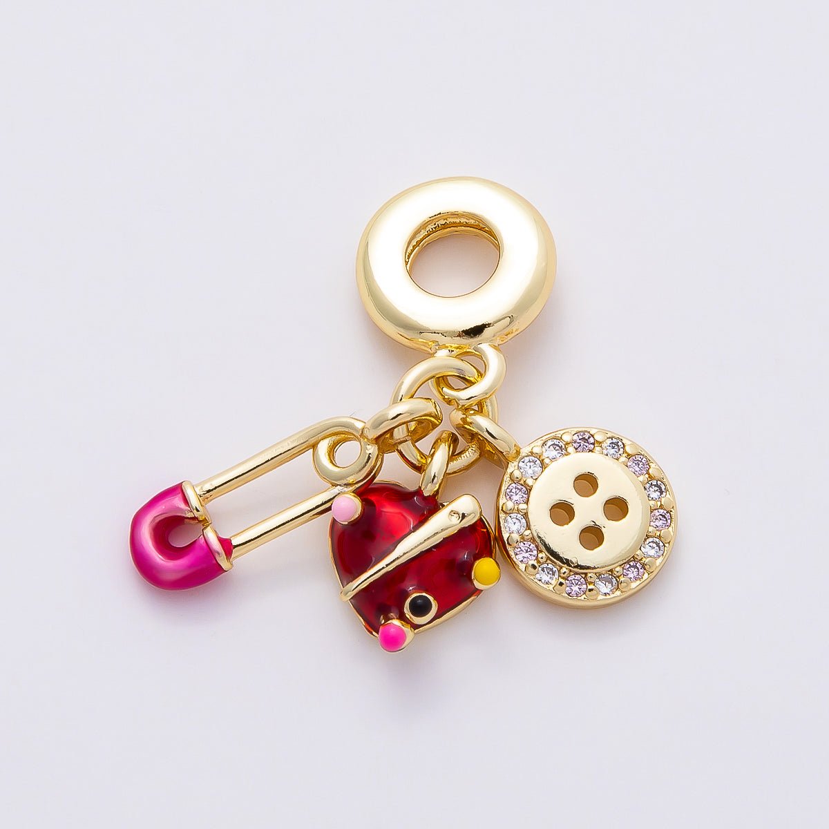 16K Gold Filled 29mm Sewing Kit Safety Pin Button Heart Drop Rondelle Pendant | Charms-00853