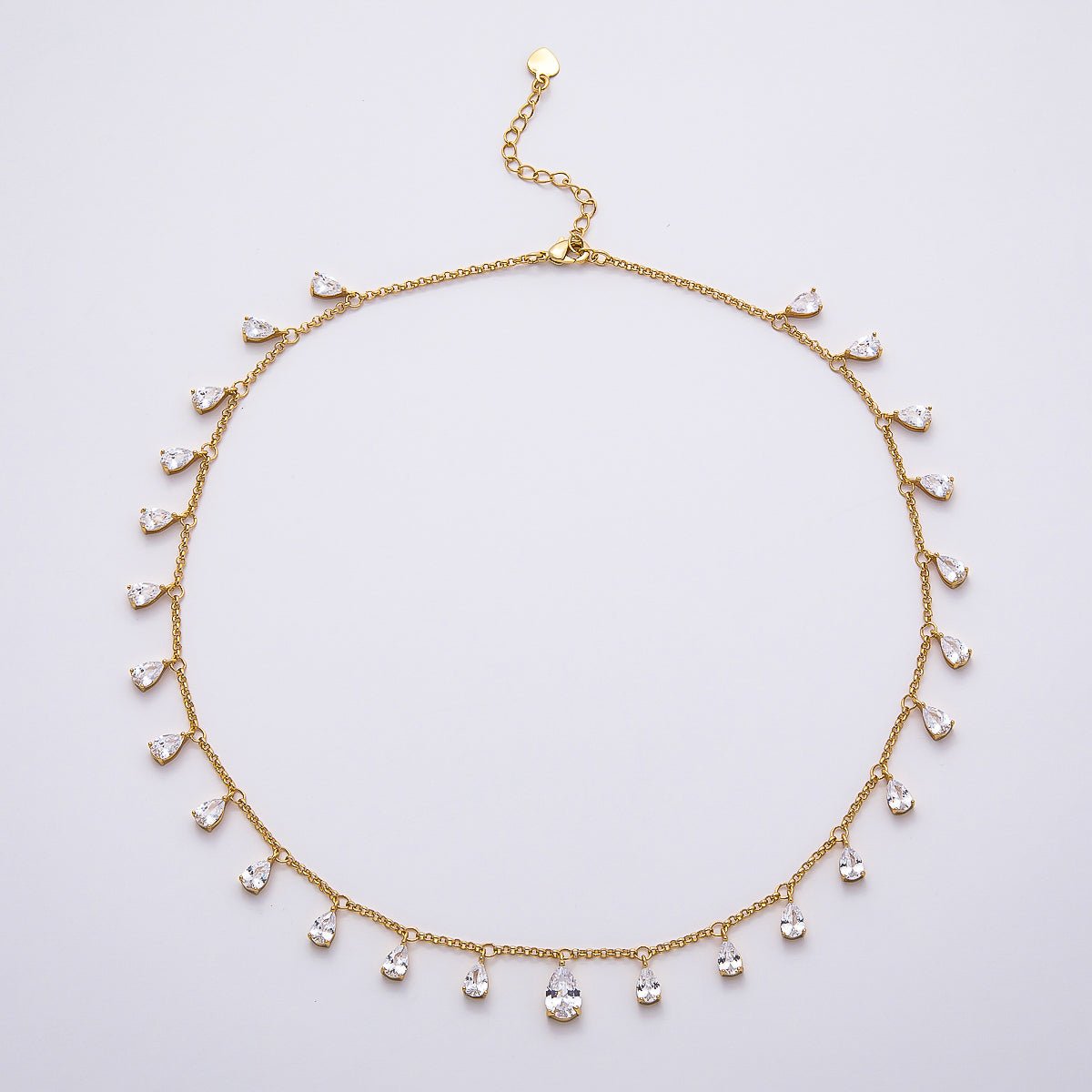 16K Gold Filled 2mm Clear CZ Teardrop Cable Chain 16 Inch Choker Necklace w. Extender | WA-04496