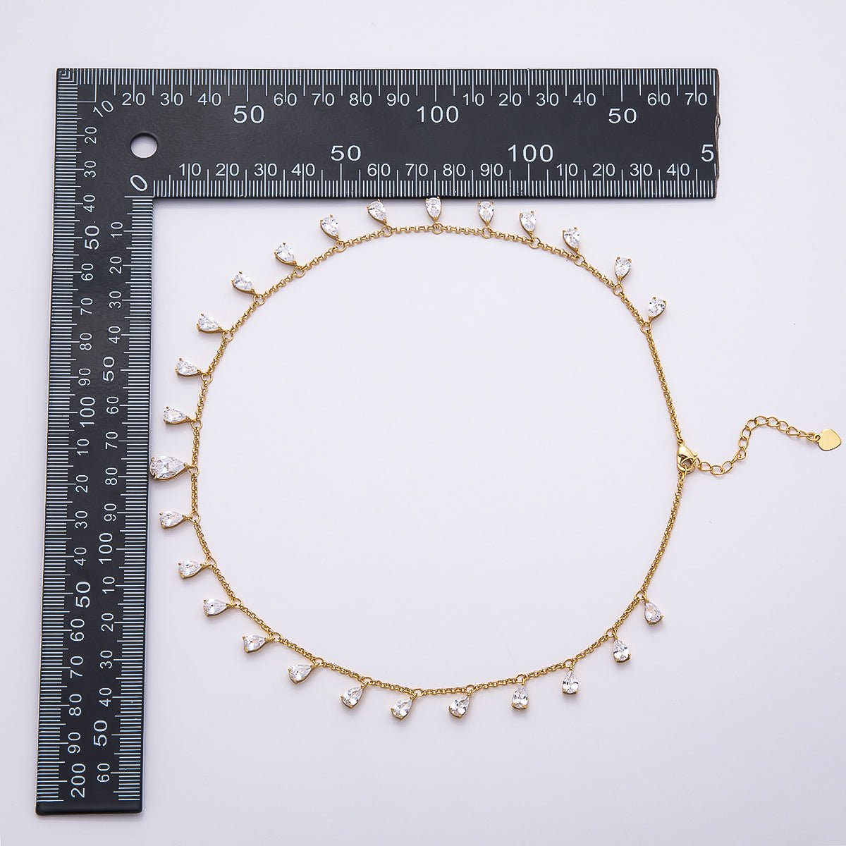 16K Gold Filled 2mm Clear CZ Teardrop Cable Chain 16 Inch Choker Necklace w. Extender | WA-04496