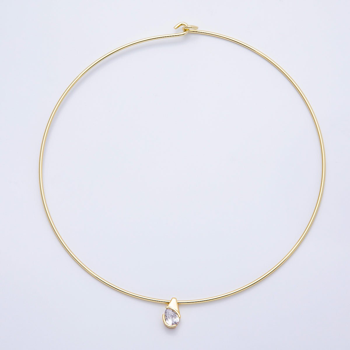 16K Gold Filled 2mm Teardrop Solitaire CZ Thin Torque Tube Choker Floating Collar Necklace | WA-04410