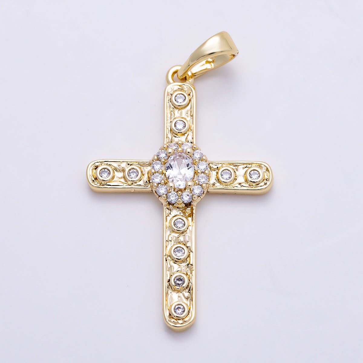 16K Gold Filled 30mm Clear CZ Micro Paved Dotted Hammered Religious Cross Pendant | Charms-01398