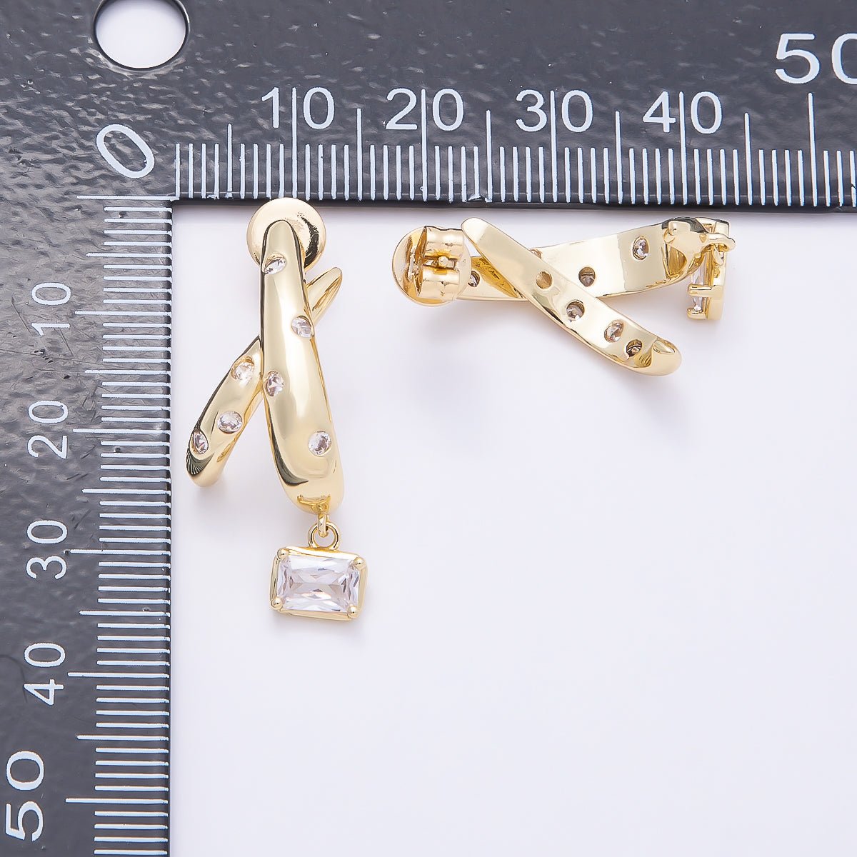 16K Gold Filled 30mm CZ Dotted Baguette C-Shaped Drop Stud Earrings | Earrings-00402