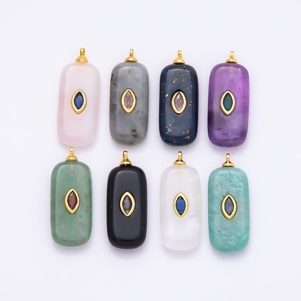 16K Gold Filled 30mm Multicolor CZ Embedded Gemstone Rectangular Pendant | Charms-00826 ~ Charms-00833