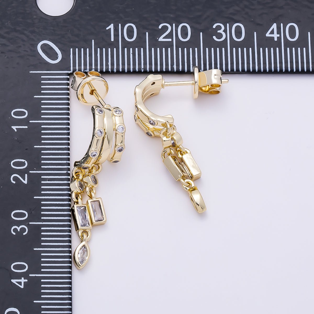 16K Gold Filled 31.5mm Baguette Marquise CZ Dotted Drop C-Shaped Hoop | Earrings-00686
