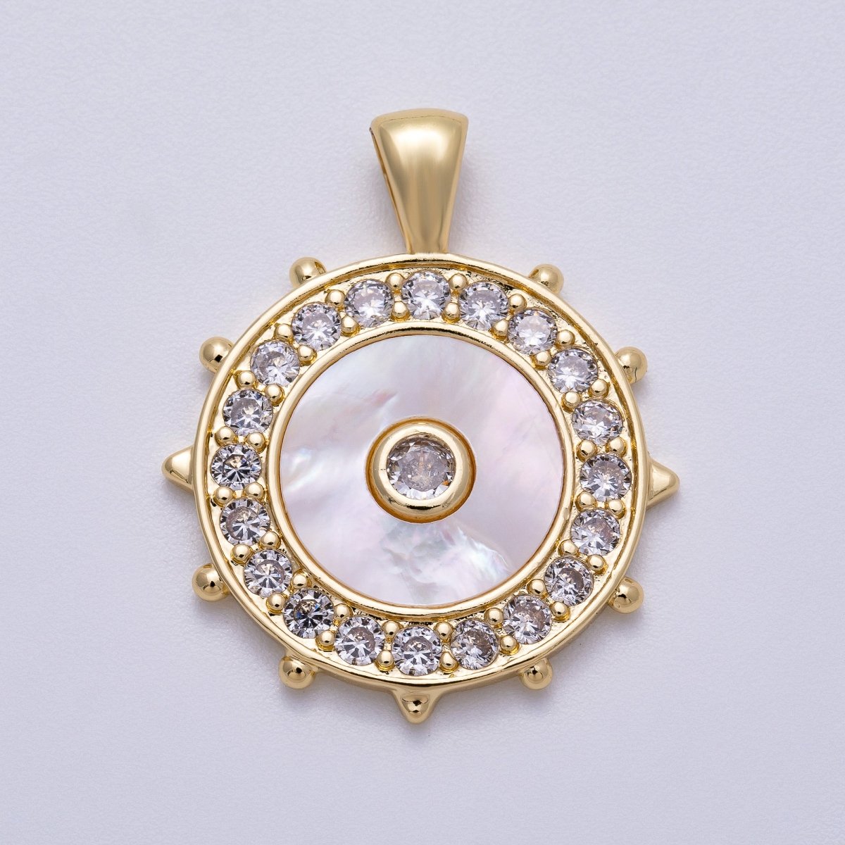 16K Gold Filled 31mm Shell Pearl Micro Paved CZ Evil Eyes Medallion Pendant | Charms-00565