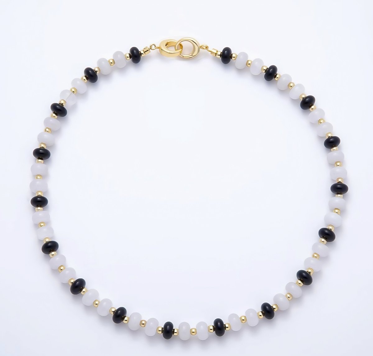 16K Gold Filled 3.3mm Black Onyx White Quartz Bead Rondelle Gemstone Chain 17 Inch Necklace w. Dual Push Gate | WA-02084