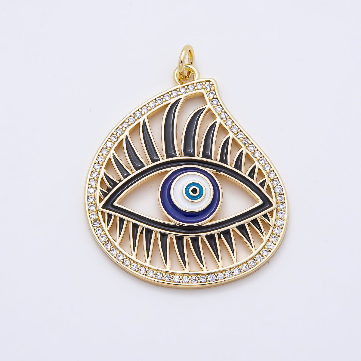 16K Gold Filled 33mm Blue Enamel Micro Paved CZ Evil Eye Open Teardrop Charm | Charms-01056