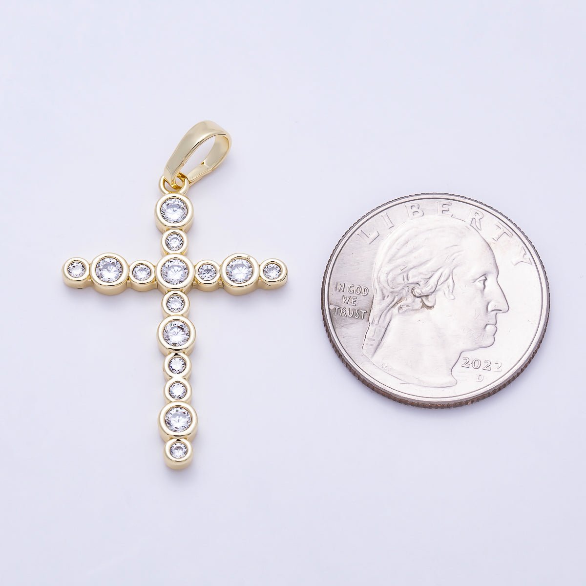 16K Gold Filled 33mm Clear CZ Round Bezel Cross Religious Pendant | Charms-01402