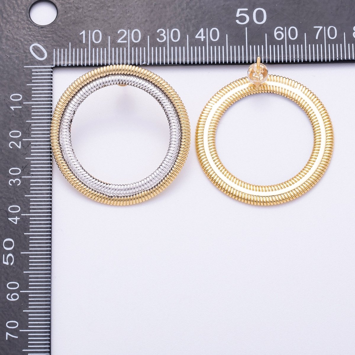 16K Gold Filled 35mm Mixed Metal Ribbed Double Open Round Stud Earrings | Earrings-00320