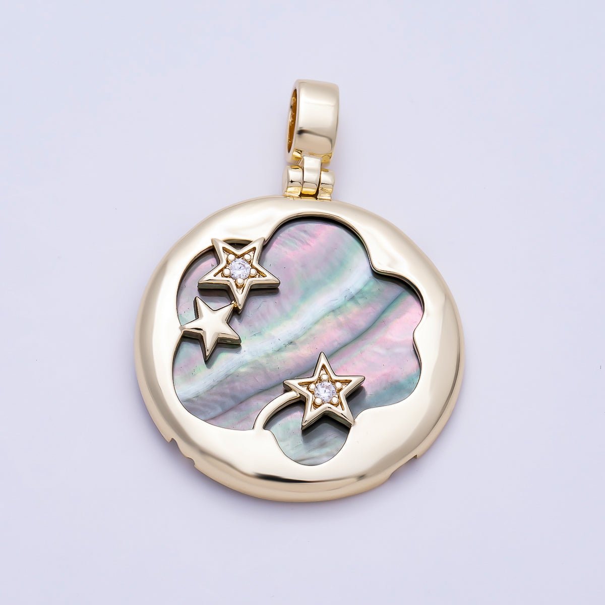 16K Gold Filled 37.5mm Tahitian Black Shell Pearl Celestial Star Bezel Round Pendant | Charms-01480