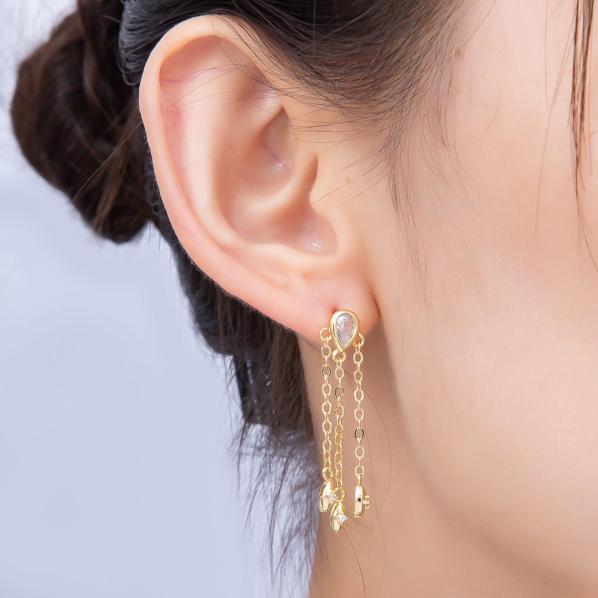 16K Gold Filled 40mm Clear, Green CZ Teardrop Triple Chain Drop Stud | Earrings-00690 - Earrings-00691
