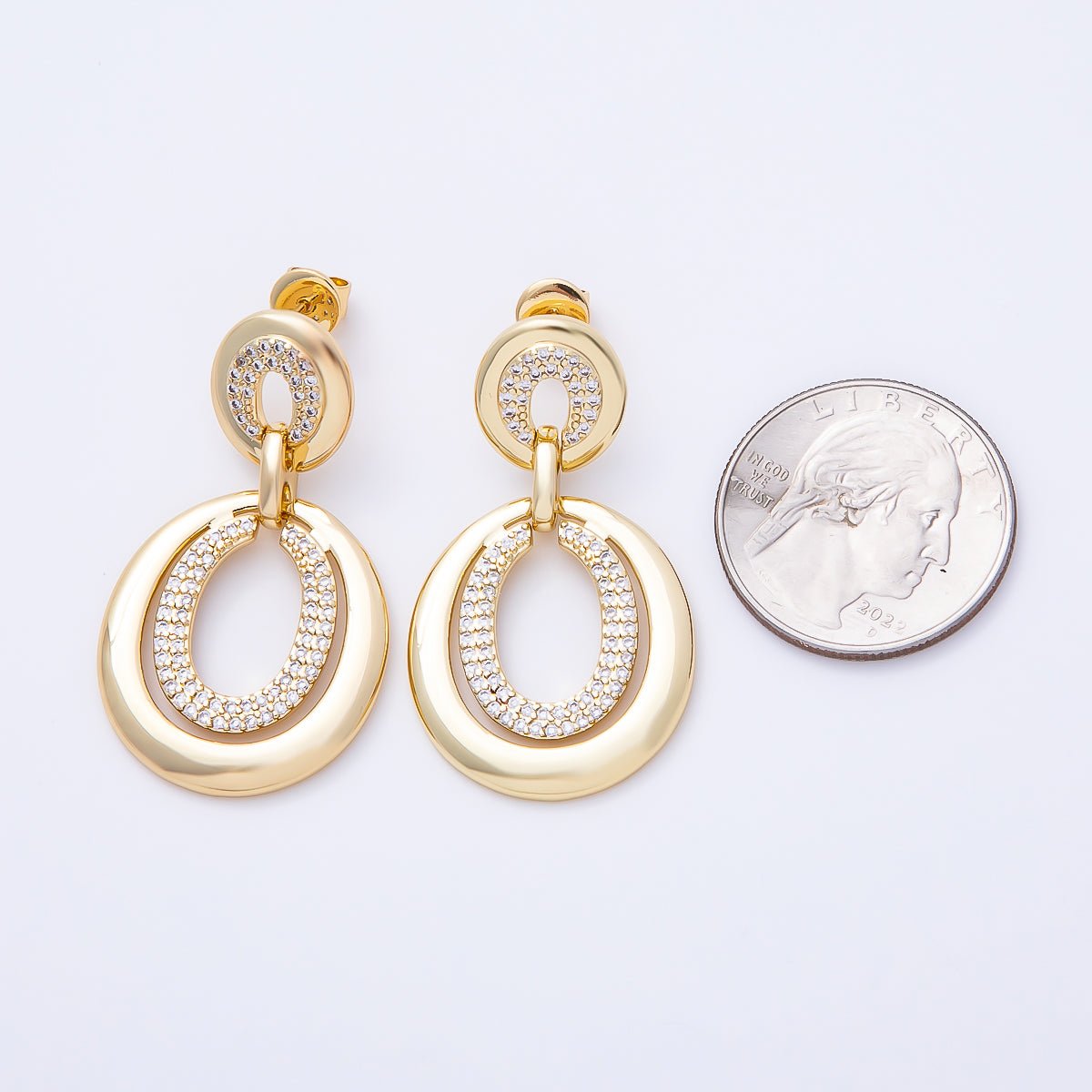 16K Gold Filled 42mm Micro Paved CZ Oval Link Drop Stud | Earrings-00669