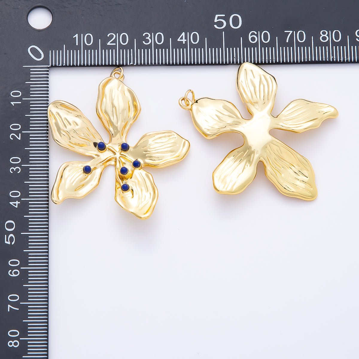 16K Gold Filled 45mm Blue Agate Dotted Foil Flower Charm | Charms-01262