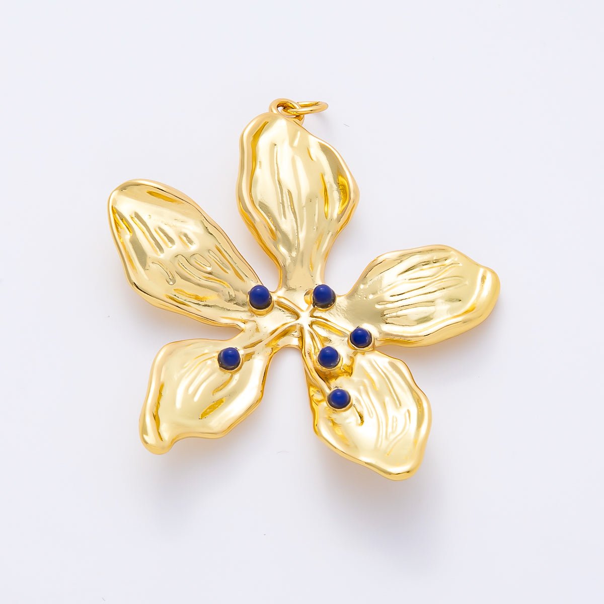 16K Gold Filled 45mm Blue Agate Dotted Foil Flower Charm | Charms-01262