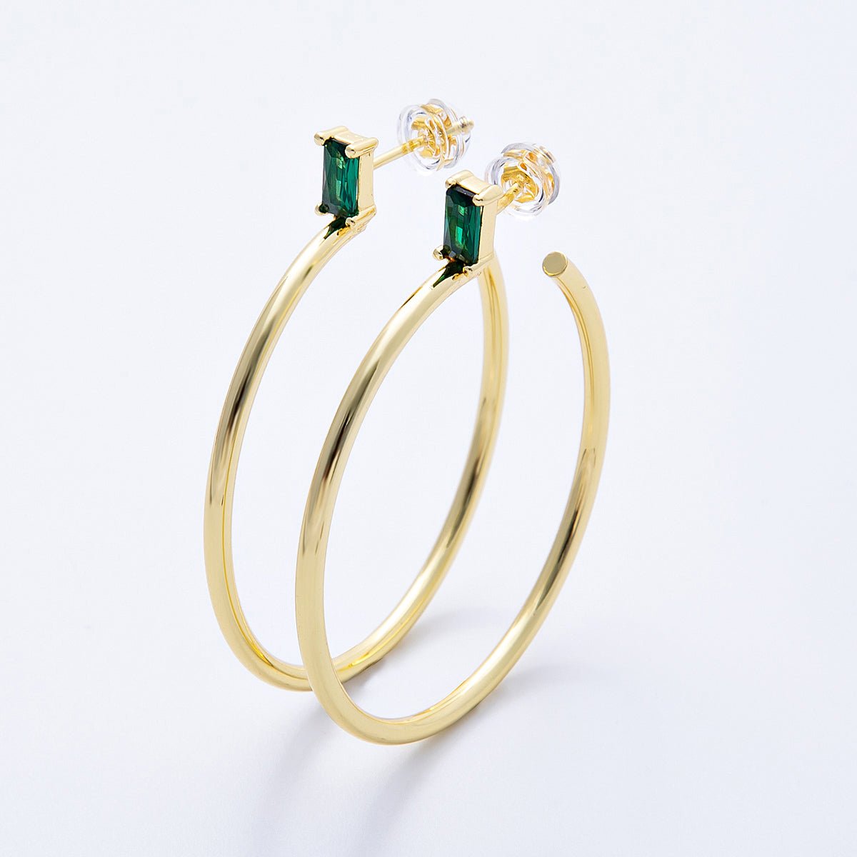 16K Gold Filled 45mm Green Baguette CZ C-Shaped Hoop Earrings | Earrings-00143