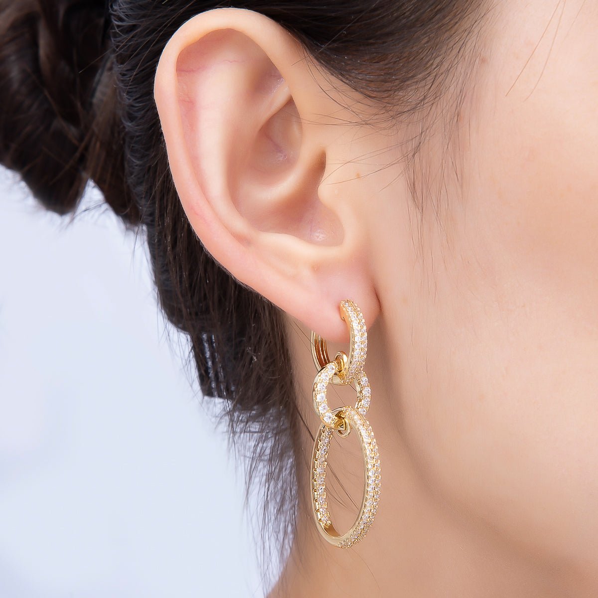 16K Gold Filled 46mm Micro Paved CZ Triple Link Drop Hoop | Earrings-00697