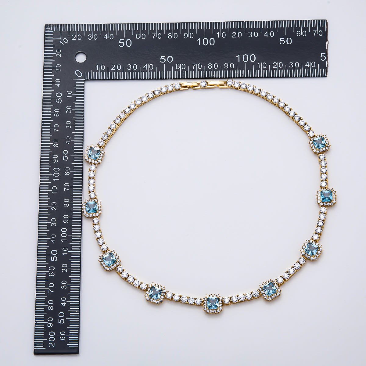 16K Gold Filled 4mm Blue Baguette CZ Tennis Chain 16.5 Inch Adjustable Necklace | WA-04678