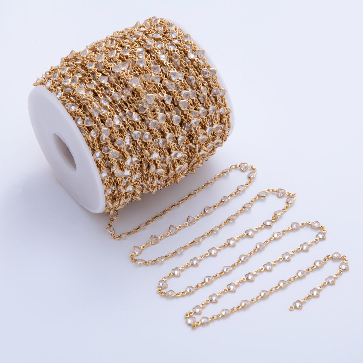 16K Gold Filled 4mm Clear CZ Multifaceted Heart Unfinished Chain by Yard | Roll-01586