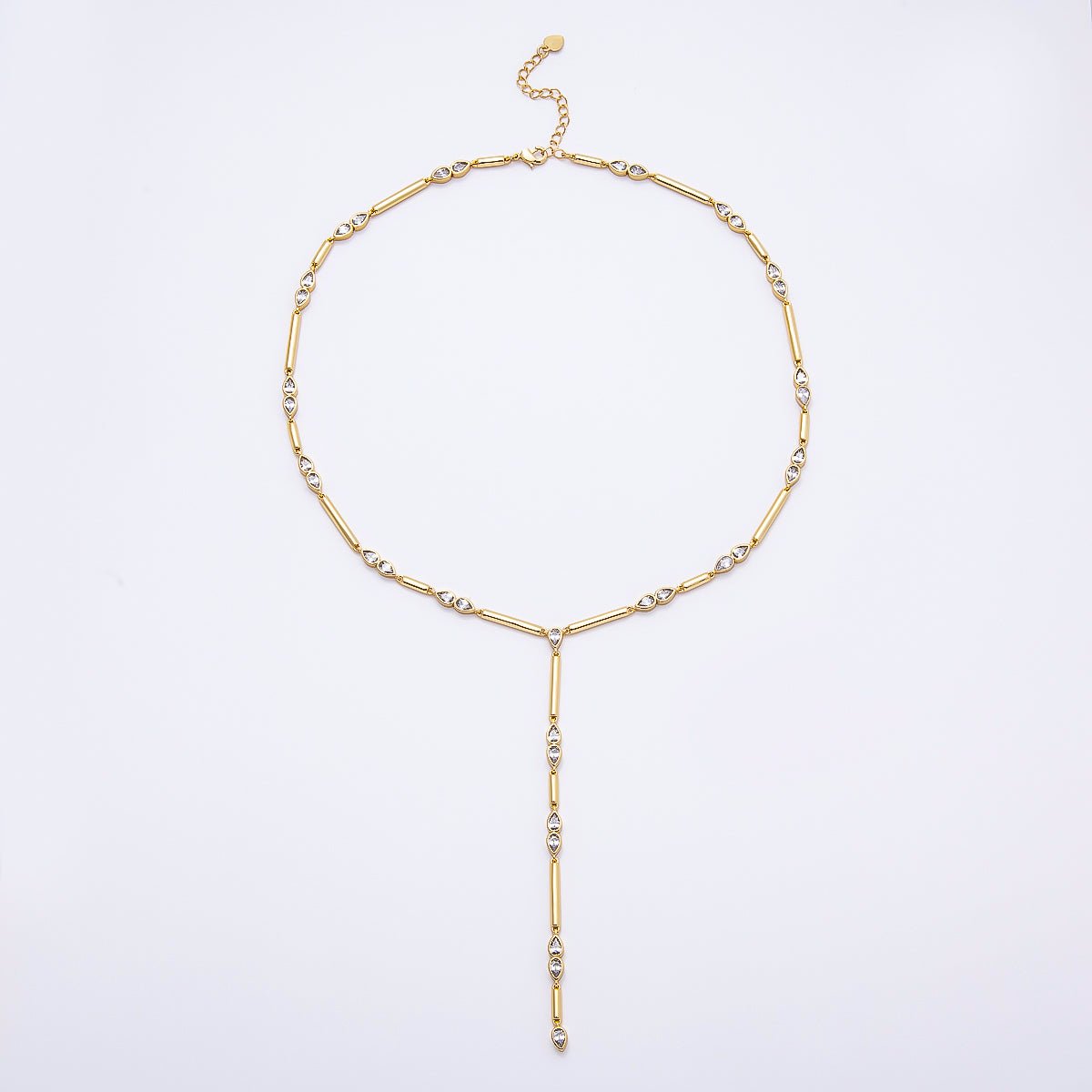 16K Gold Filled 4mm Clear, Green, Fuchsia CZ Teardrop Bar Lariat 17.5 Inch Necklace | WA-00146 WA-00152 WA-00185