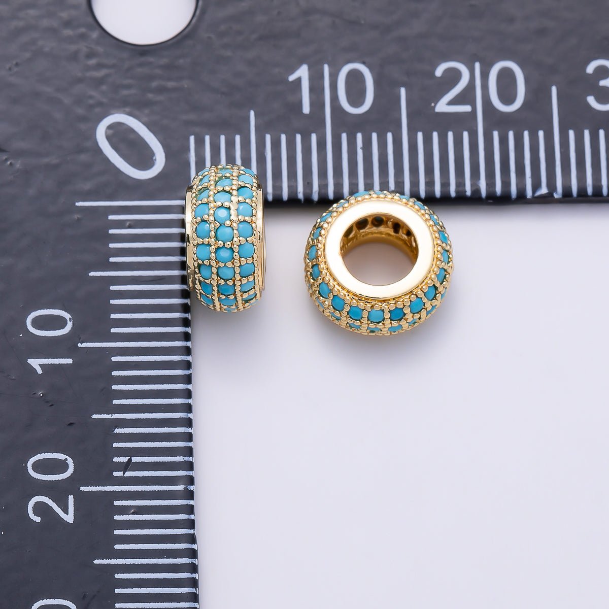 16K Gold Filled 10mm Turquoise Micro Paved Rondelle Bead in Gold & Silver | Beads-00518 Beads-00519