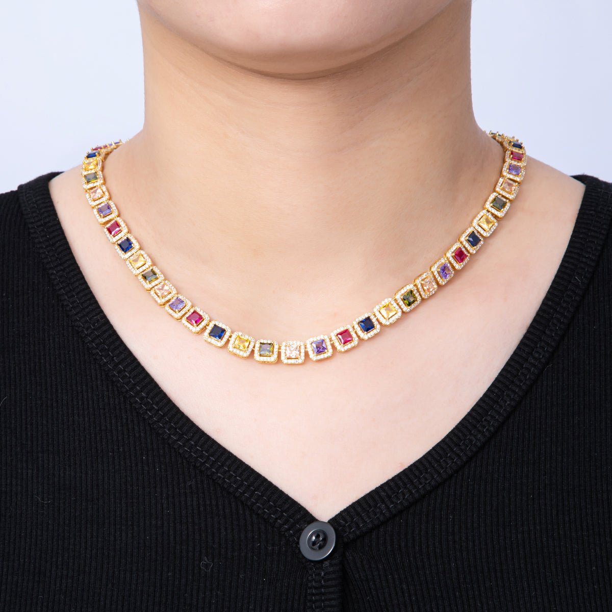 16K Gold Filled 7mm Multicolor Square Micro Paved CZ Tennis Chain 16 Inch Choker Necklace | WA-04210