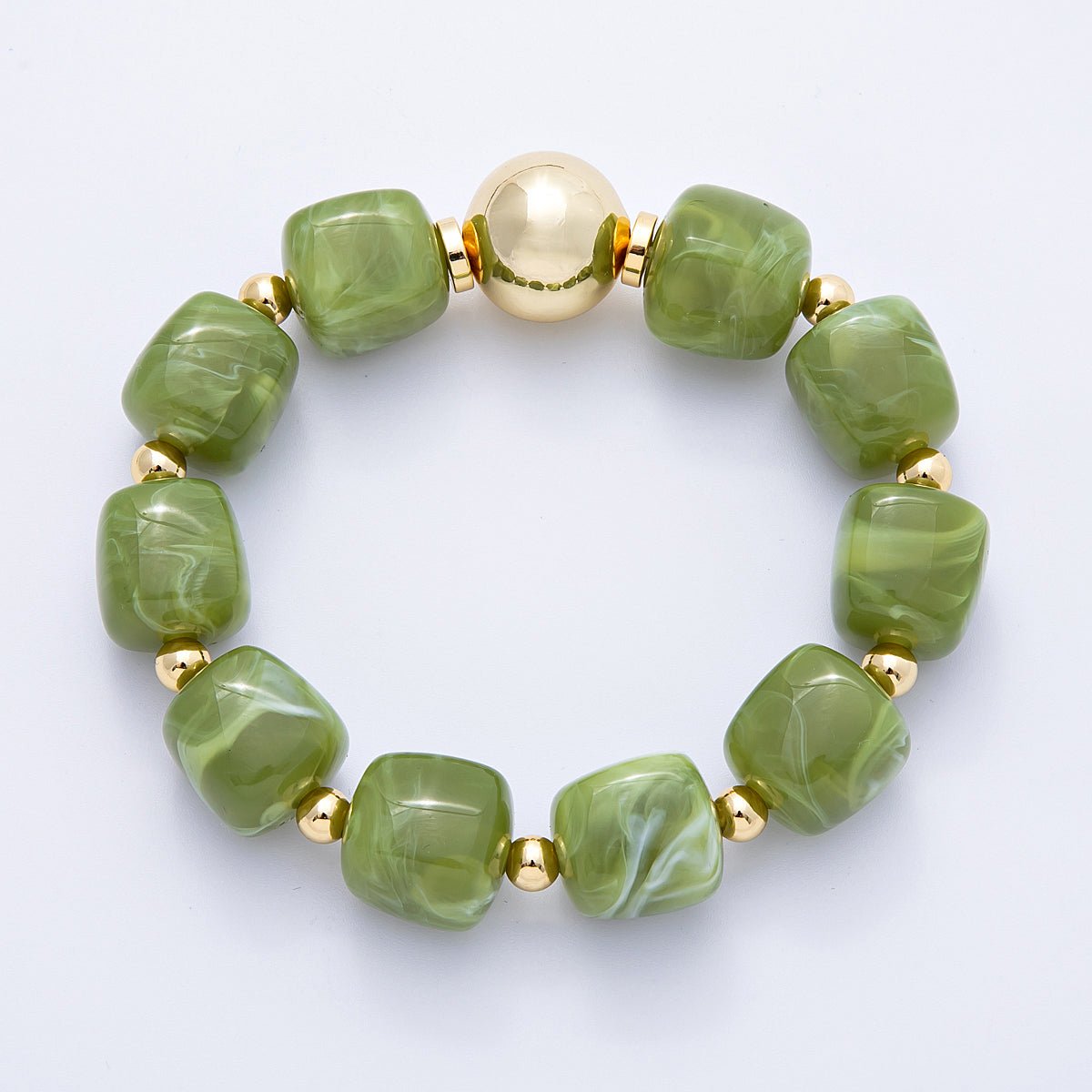 16K Gold Filled 8mm Brown, Green Marble Resin Bead Geometric Stretch Bracelet | WA-4147 WA-4148