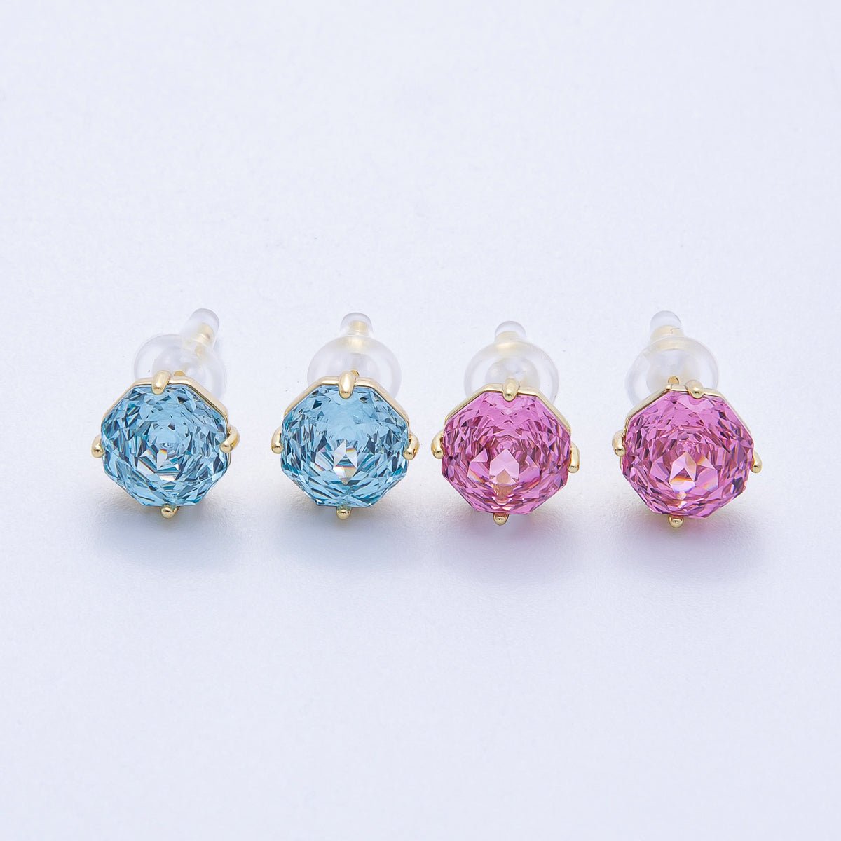 16K Gold Filled 8mm Pink, Blue Solitaire CZ Round Stud | Earrings-00239 Earrings-00240