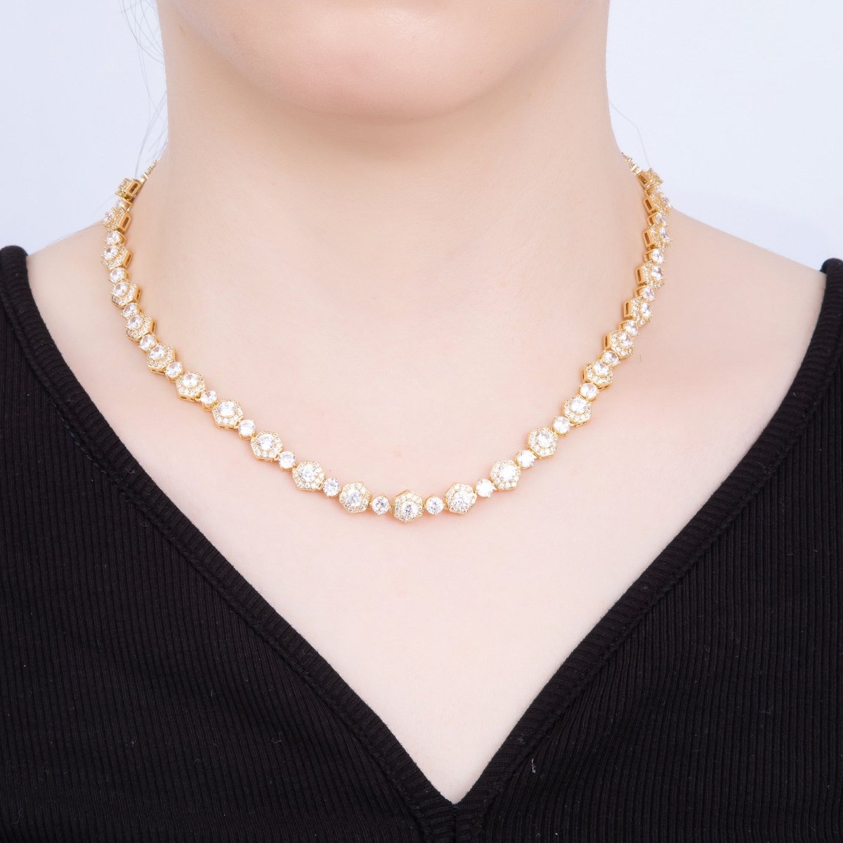 16K Gold Filled 8mm Round Hexagon Micro Paved CZ Tennis Chain 16.5 Inch Necklace | WA-04241