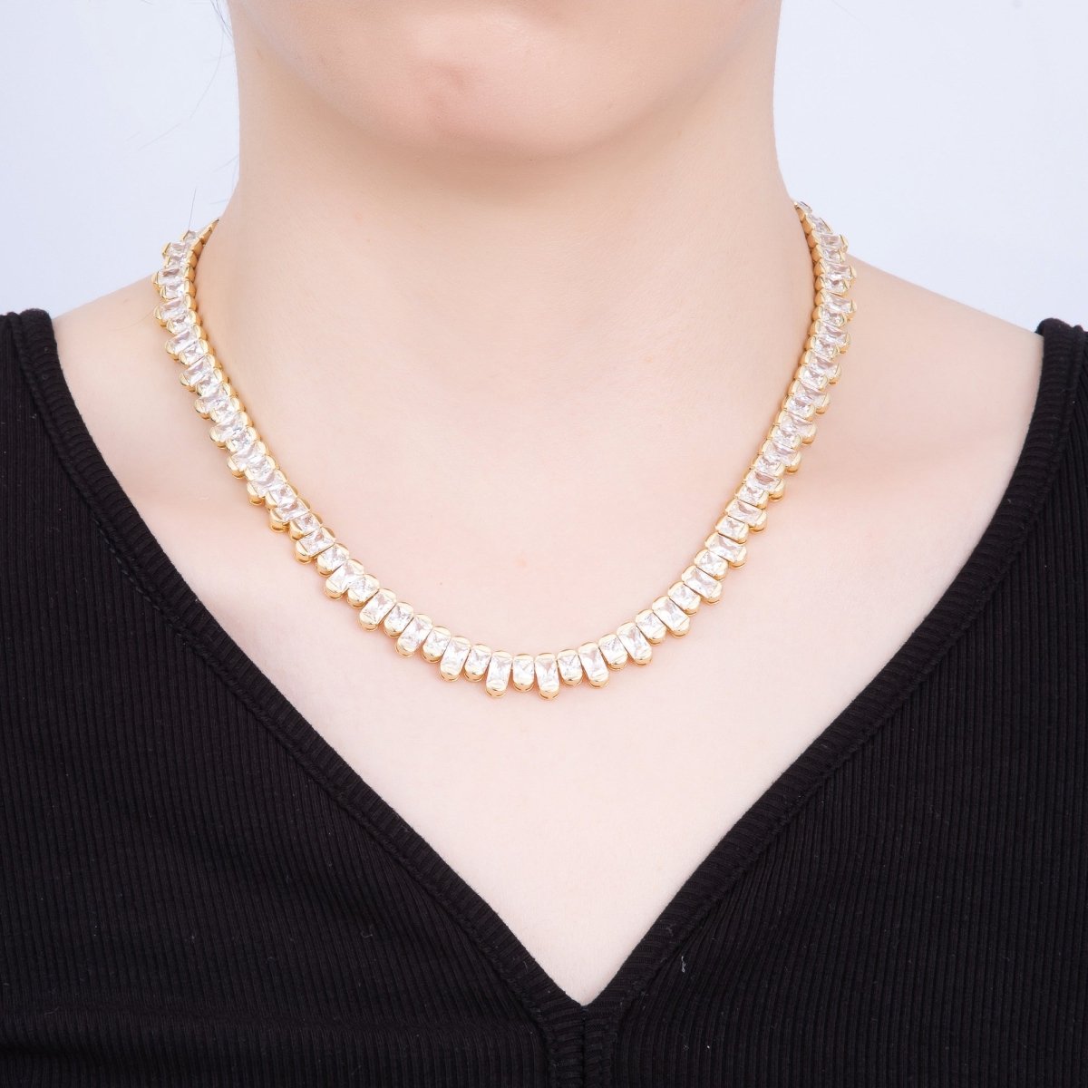16K Gold Filled 9mm Clear CZ Gradient Baguette Tennis Chain 16 Inch Adjustable Necklace | WA-04238