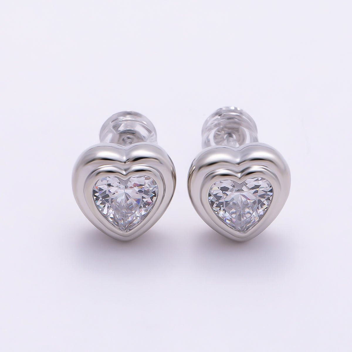 16K Gold Filled 9mm Clear CZ Love Heart Bezel Stud Earrings in Gold & Silver | Earrings-00417 Earrings-00418