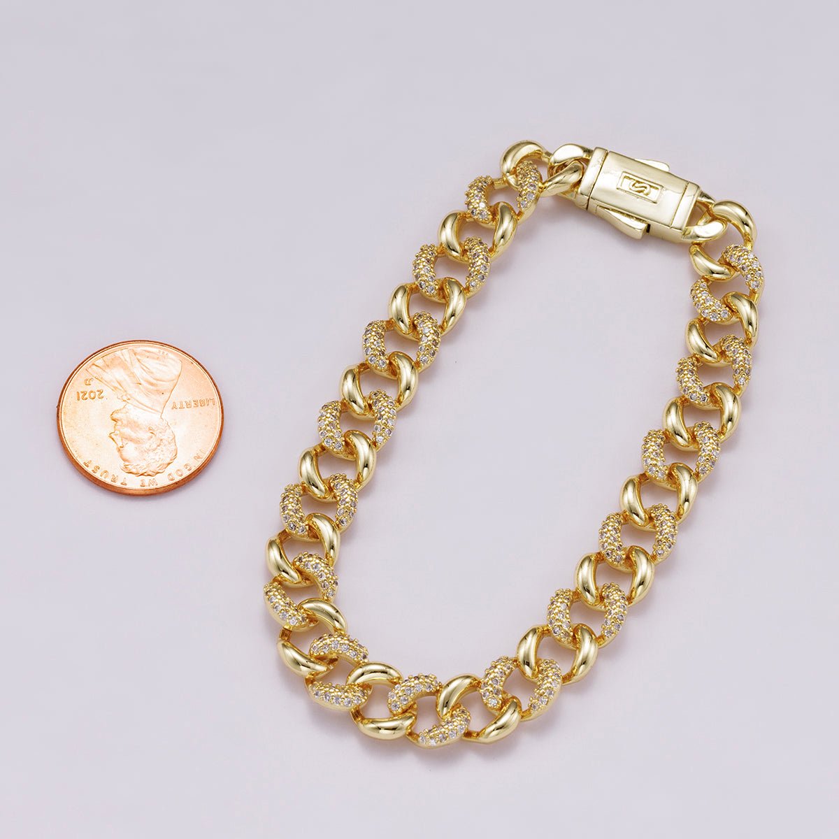 16K Gold Filled 9mm Micro Paved CZ Curb Chain 7 Inch Bracelet | WA-04331