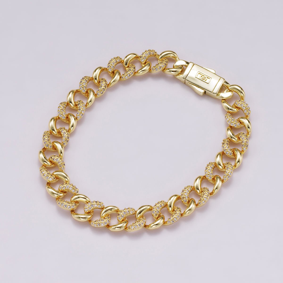 16K Gold Filled 9mm Micro Paved CZ Curb Chain 7 Inch Bracelet | WA-04331