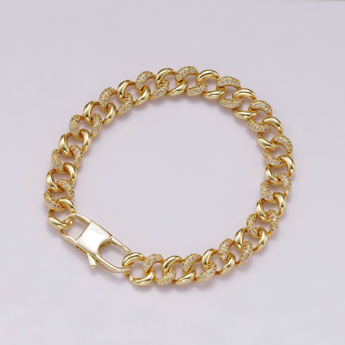 16K Gold Filled 9mm Micro Paved CZ Curb Chain 7 Inch Bracelet | WA-04334