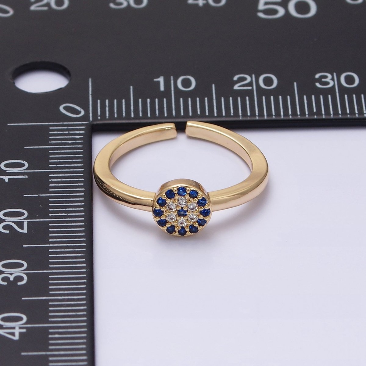 16K Gold Filled Blue Micro Paved CZ Round Evil Eye Adjustable Ring in Gold & Silver | O-1627 O-1628