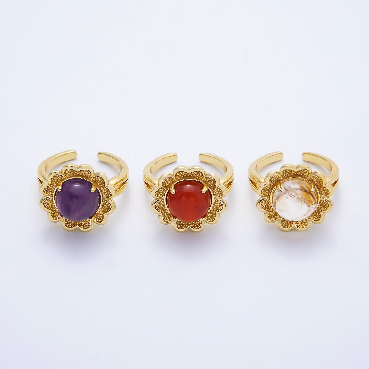 16K Gold Filled Citrine, Carnelian, Amethyst Cabochon Gemstone Flower Ring | RINGS-00088 ~ RINGS-00090