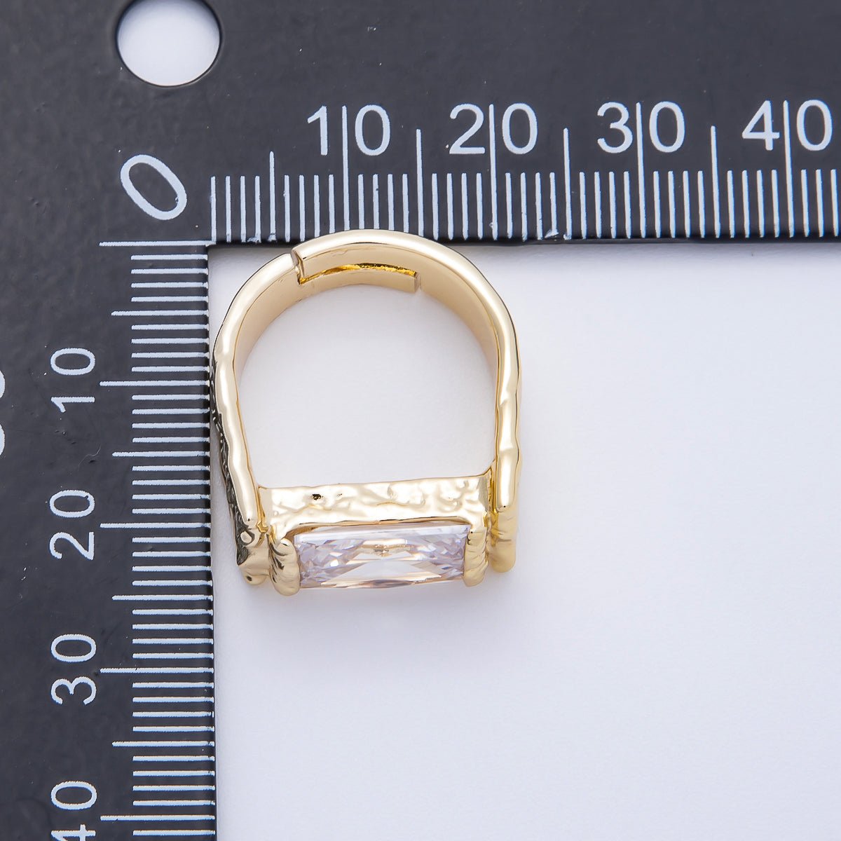 16K Gold Filled Clear Baguette CZ Molten Solitaire Adjustable Ring | Rings-00087