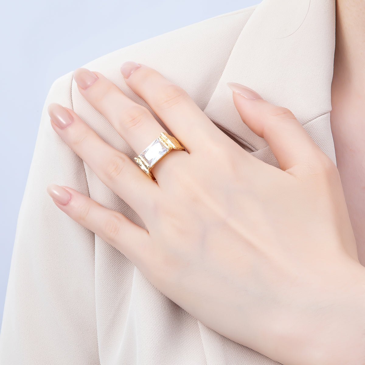 16K Gold Filled Clear Baguette CZ Molten Solitaire Adjustable Ring | Rings-00087