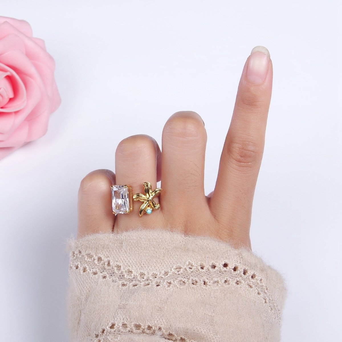 16K Gold Filled Clear Baguette CZ Turquoise Starfish Open Claw Ring | O1058