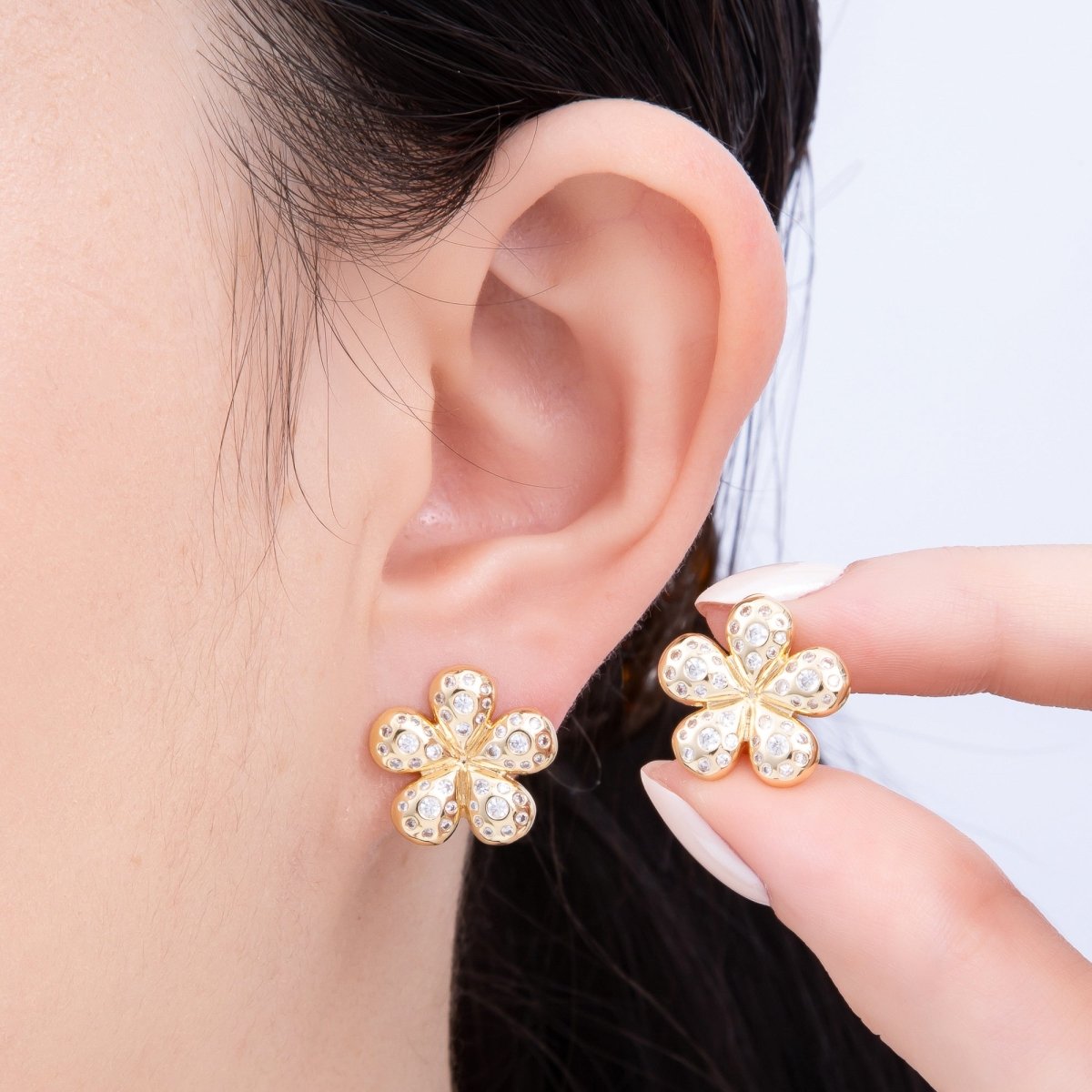 16K Gold Filled Clear CZ Dotted Chubby Flower Stud Earring | Earrings-00293